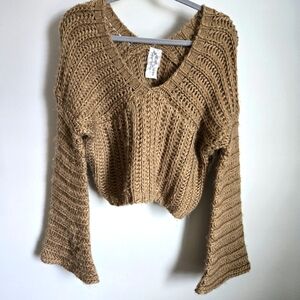 Sadie & Sage Oversized Cropped Chunky Knit Tan Brown Sweater M Medium Boho